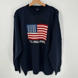 US Polo Assn Mens American USA Flag Sweater Crewneck Navy Blue Size Large